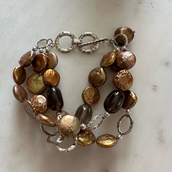 Silpada Sterling Silver Coin Copper Pearl & Smokey Quartz Beaded Bracelet - Picture 3 of 7